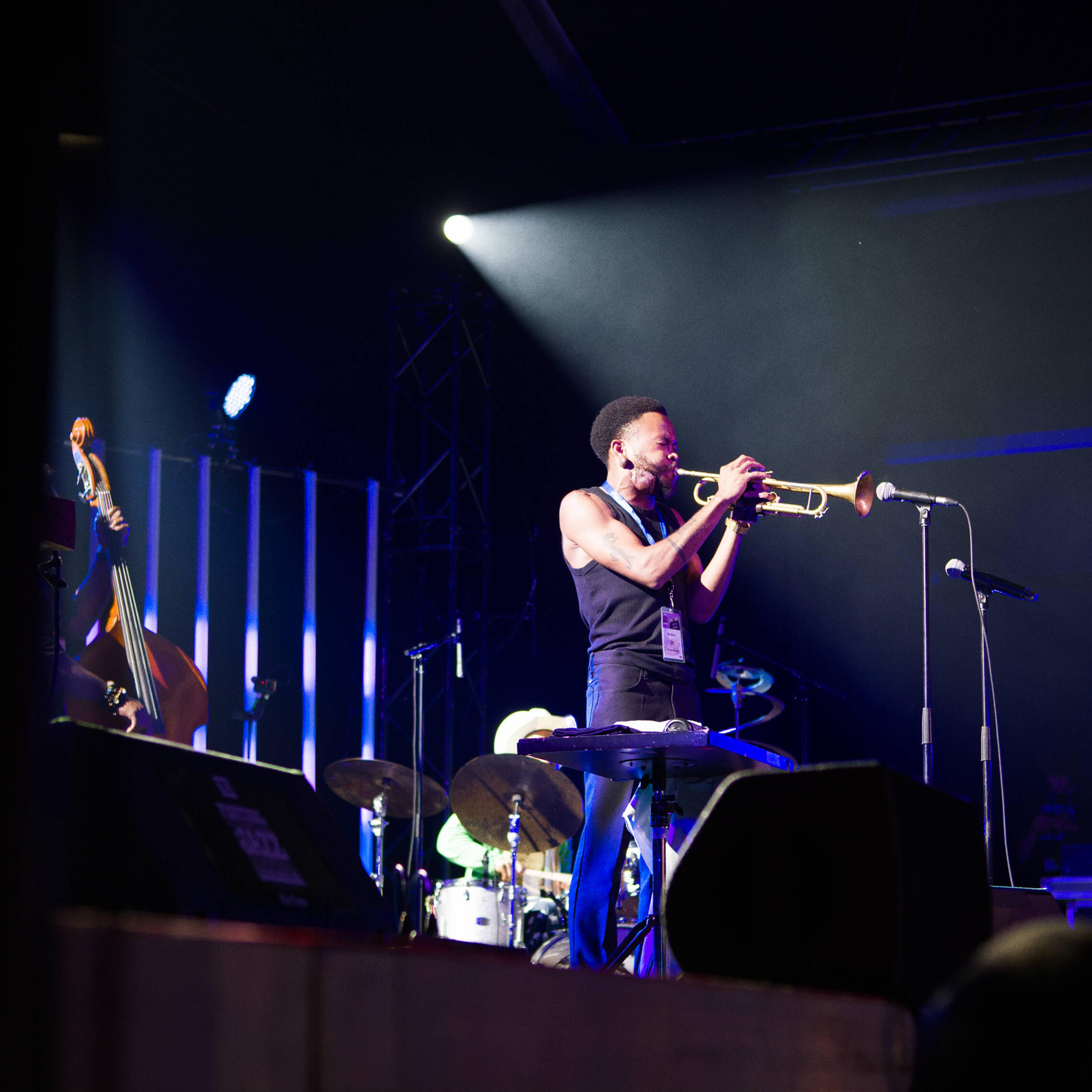 A trumpet player on stage during the Montreal Jazz Fest